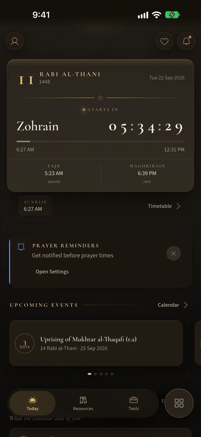 The Today screen in the everyday dark palette