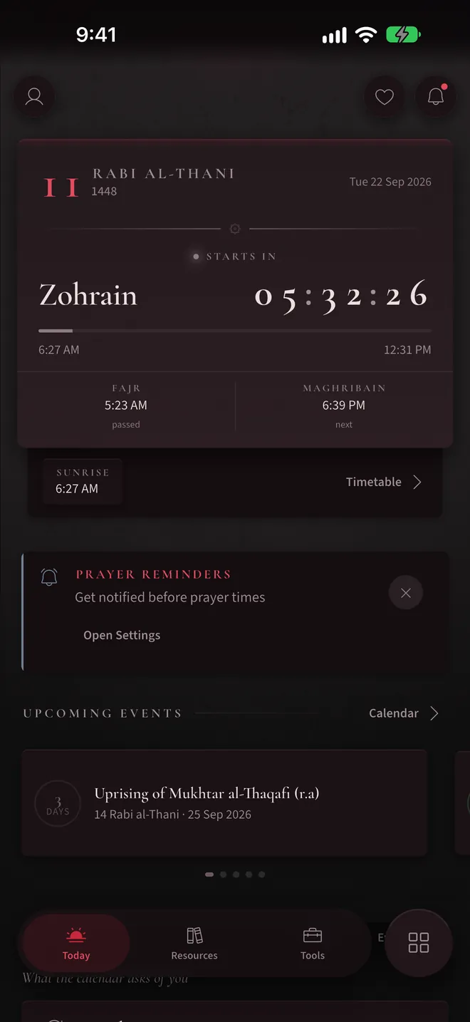The Today screen in the Mourning palette, used in Muharram and Safar